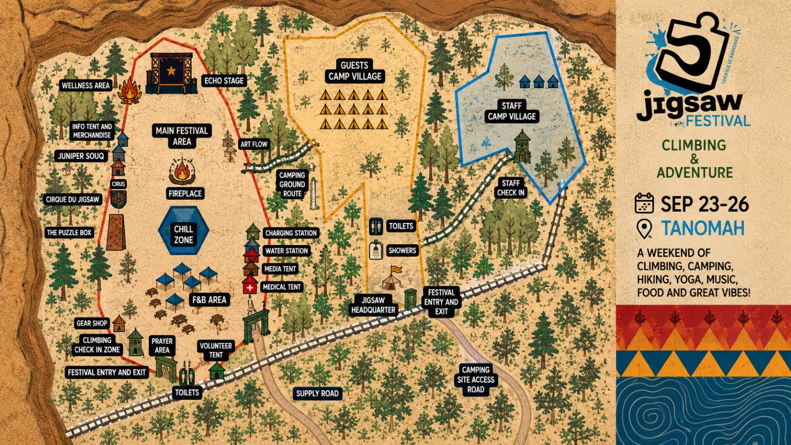 Illustrated site map of Jigsaw Festival at Alsharaf Park, Tanomah